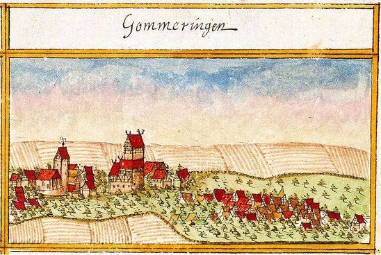 Ortsansicht Gomaringens („Gommeringen“) von Andreas Kieser aus dem Jahr 1683. Original: Hauptstaatsarchiv Stuttgart H 107/18 Bd. 51